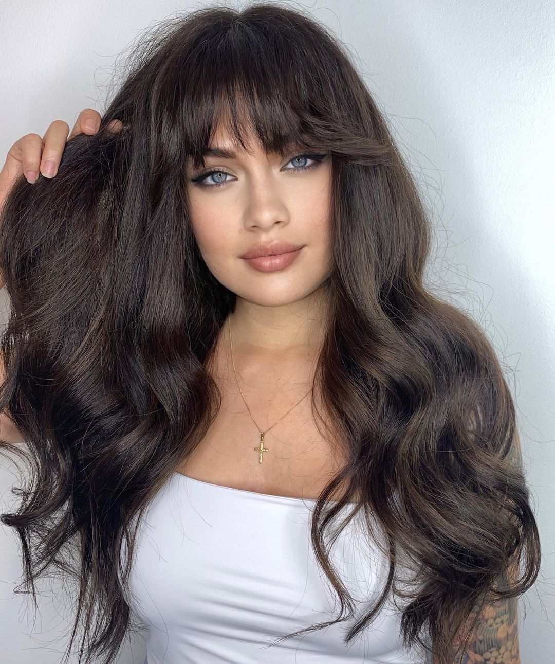 Mid-Back Dark Brown With Full Curtain Bangs — Classy Bangs for Round Face