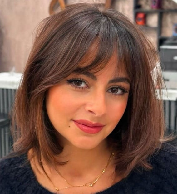 Chin Angled Bob With Side-Swept Bangs — Classy Bangs for Round Face