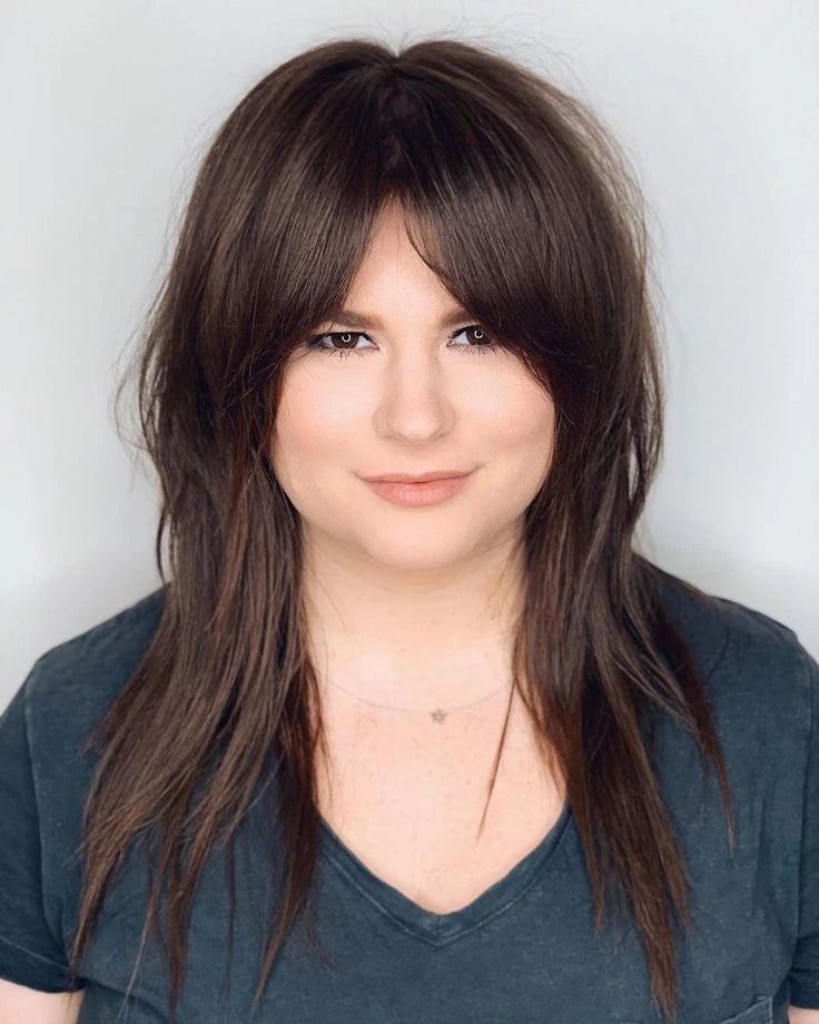 Mid-Back Long Shag With Curtain Bangs — Classy Bangs for Round Face