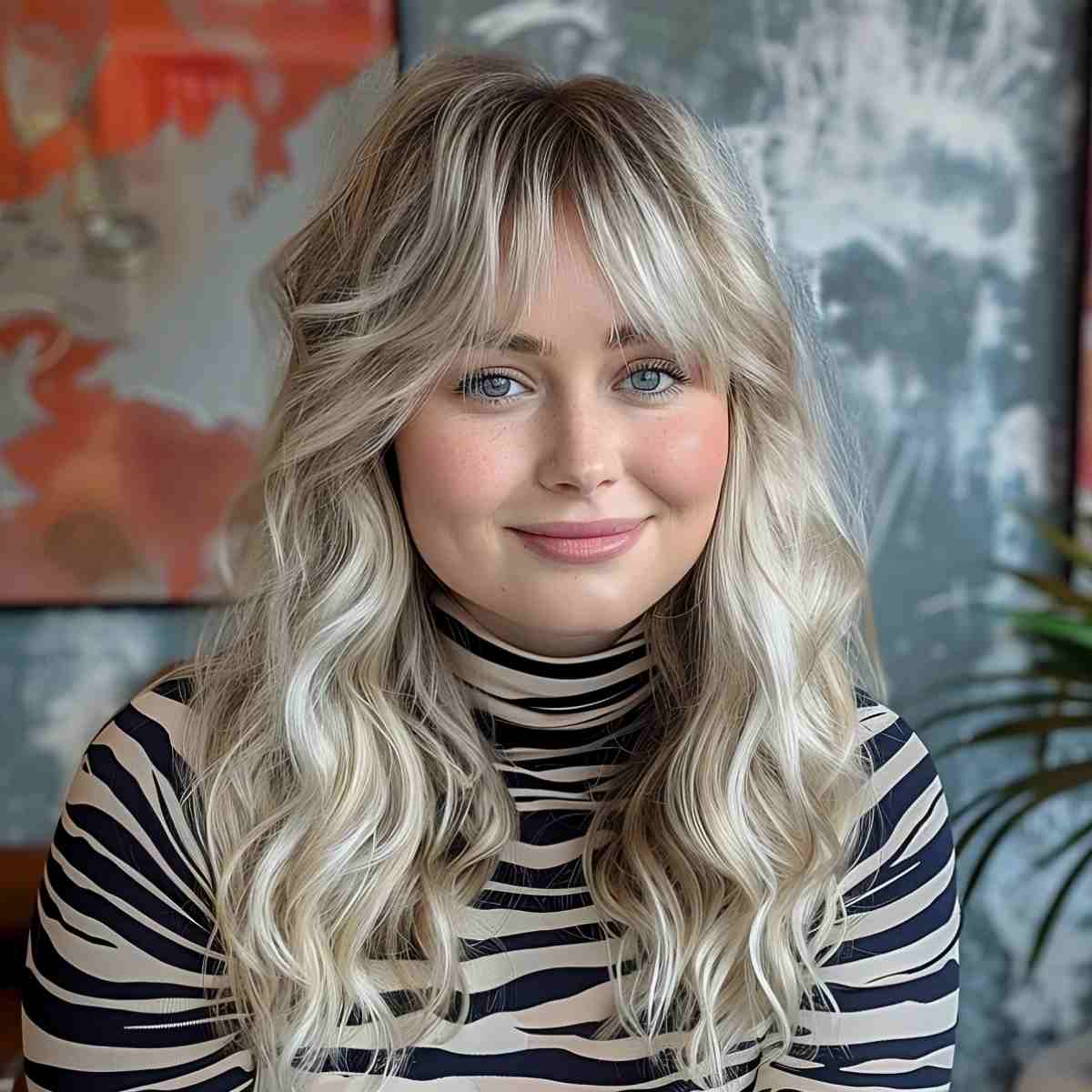 Mid-Back Waves With Prominent Curtain Bangs — Classy Bangs for Round Face
