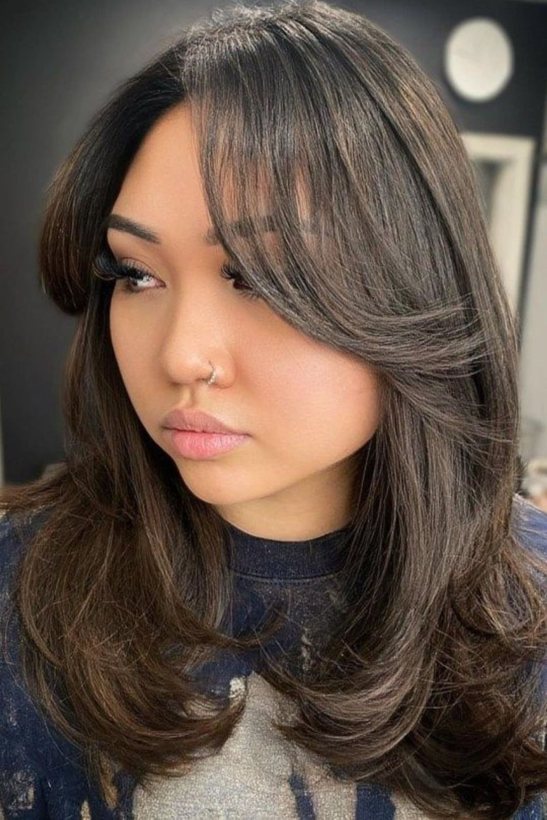 Collarbone Layers With Side Swept Curtain Bangs, Wavy — Classy Bangs for Round Face