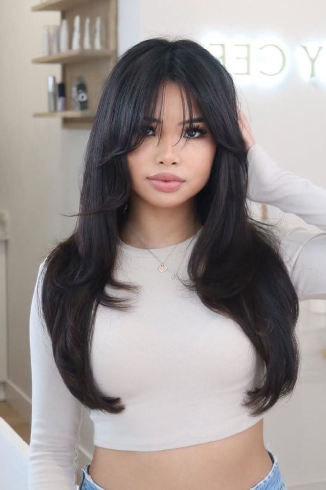 Collarbone Dark Brown With Curtain Bangs — Classy Bangs for Round Face