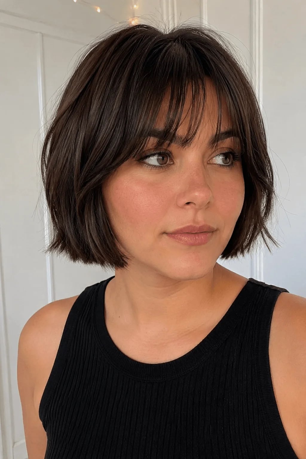 Chin Length Blunt Bob With Wispy Bangs — Classy Bangs for Round Face
