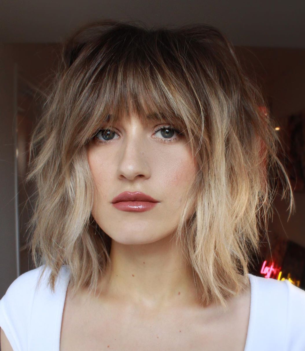Chin Textured Bob With Blunt Bangs — Classy Bangs for Round Face