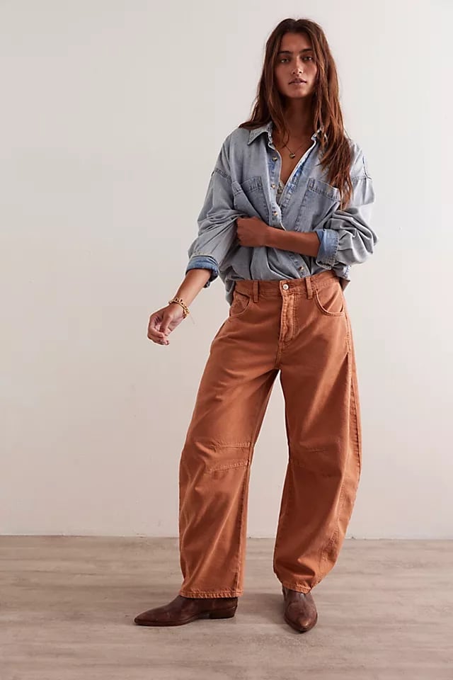 Burnt Orange Jeans With Denim Shirt — Classy Barrel Jeans Outfits