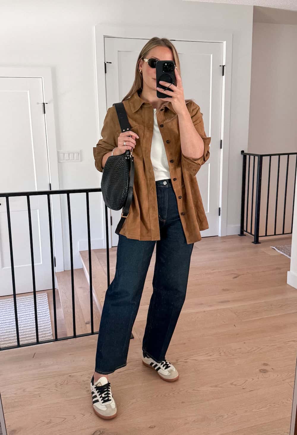 Suede Shirt Jacket With Dark Wash Barrel Jeans — Classy Barrel Jeans Outfits