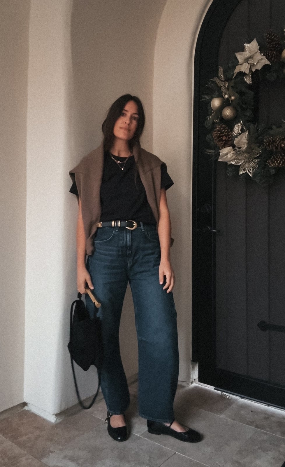 Draped Sweater With Dark Wash Barrel Jeans — Classy Barrel Jeans Outfits