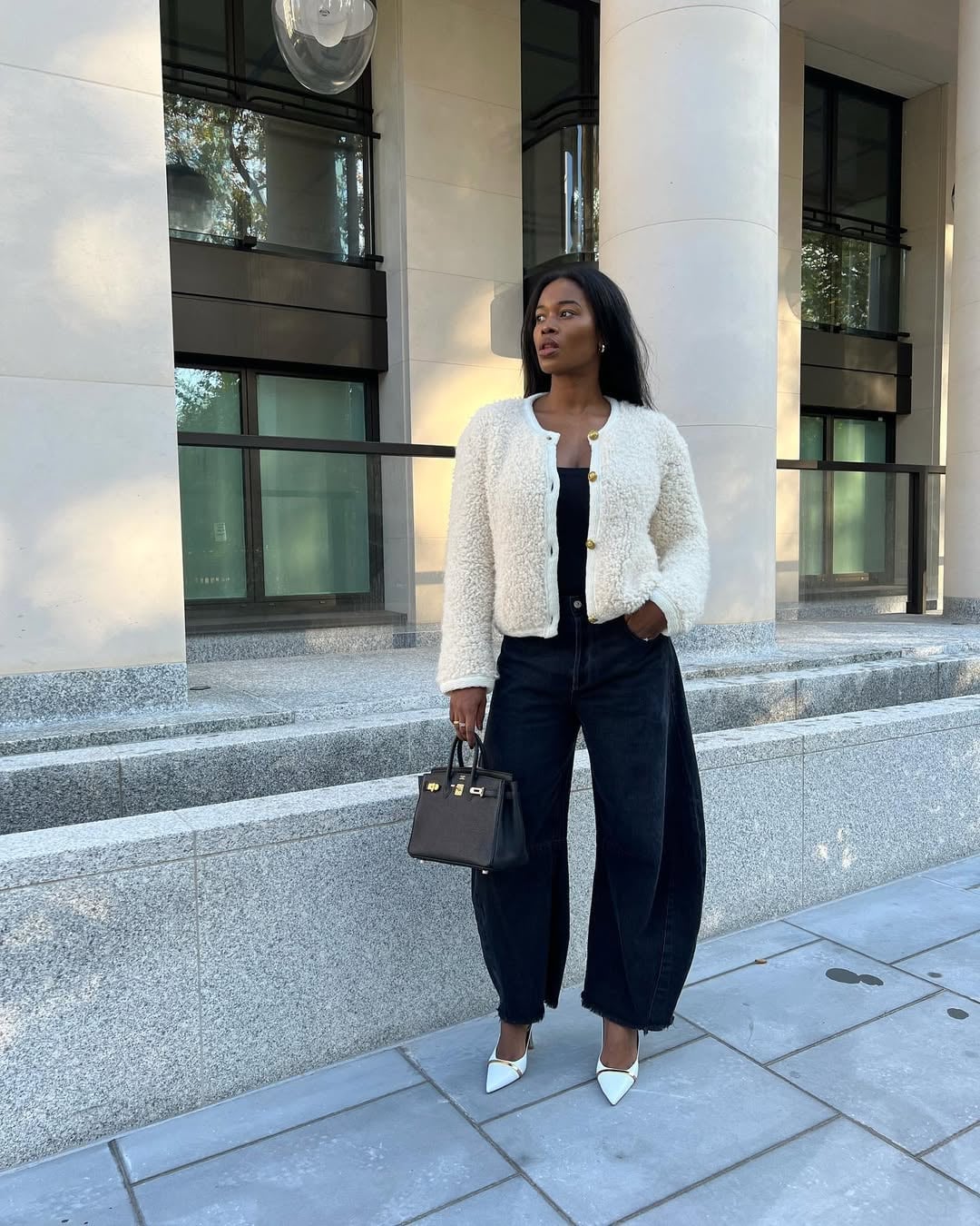 Textured Cardigan Over Dark Wash Barrel Jeans — Classy Barrel Jeans Outfits