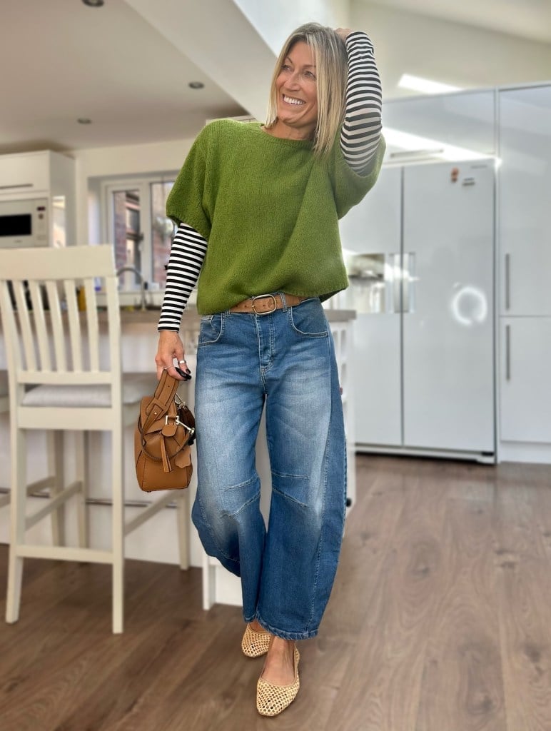 Green Sweater With Striped Top and Barrel Jeans — Classy Barrel Jeans Outfits
