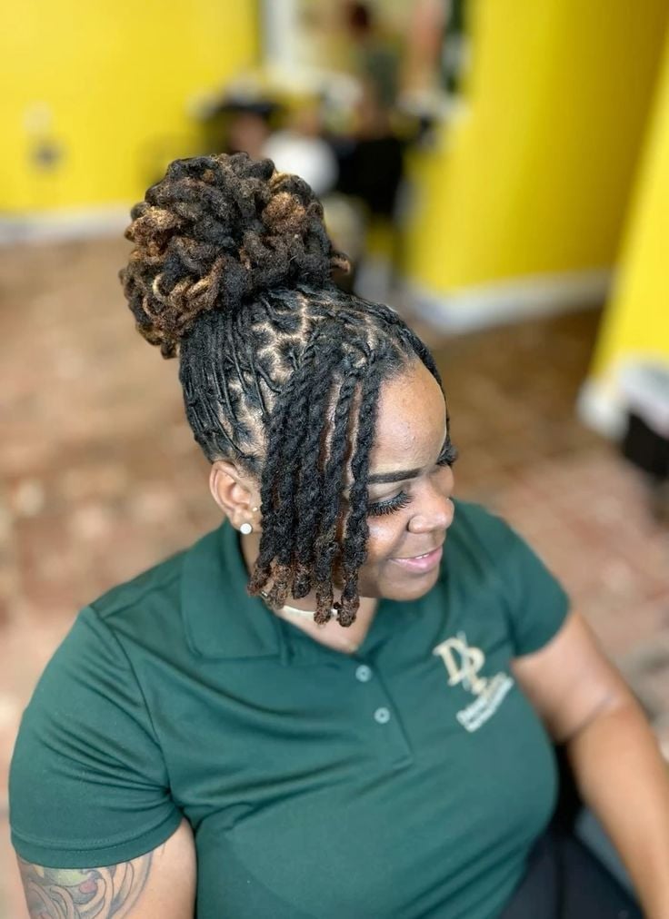 High Bun With Hanging Wispy Locs — Classy Barrel Locs