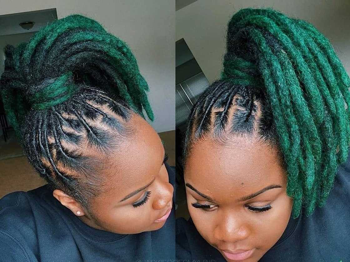 Mid-Back Ponytail With Green Highlights — Classy Barrel Locs