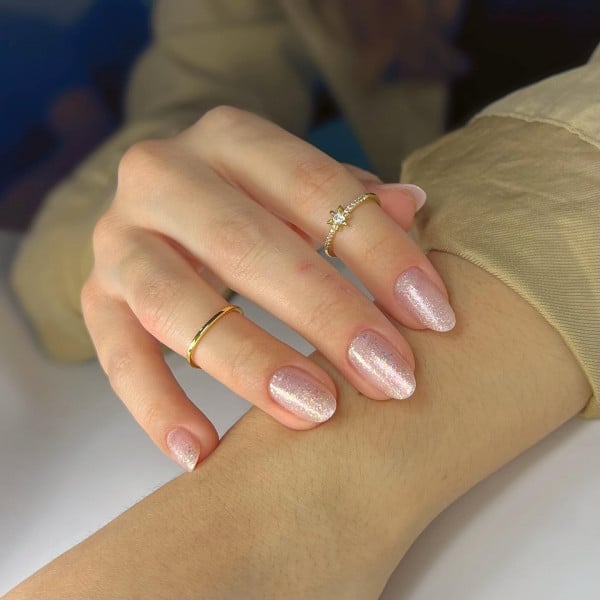 Short Almond Pale Pink Iridescent Glitter Short Almond Pale Pink Iridescent Glitter — Classy Basic Nails