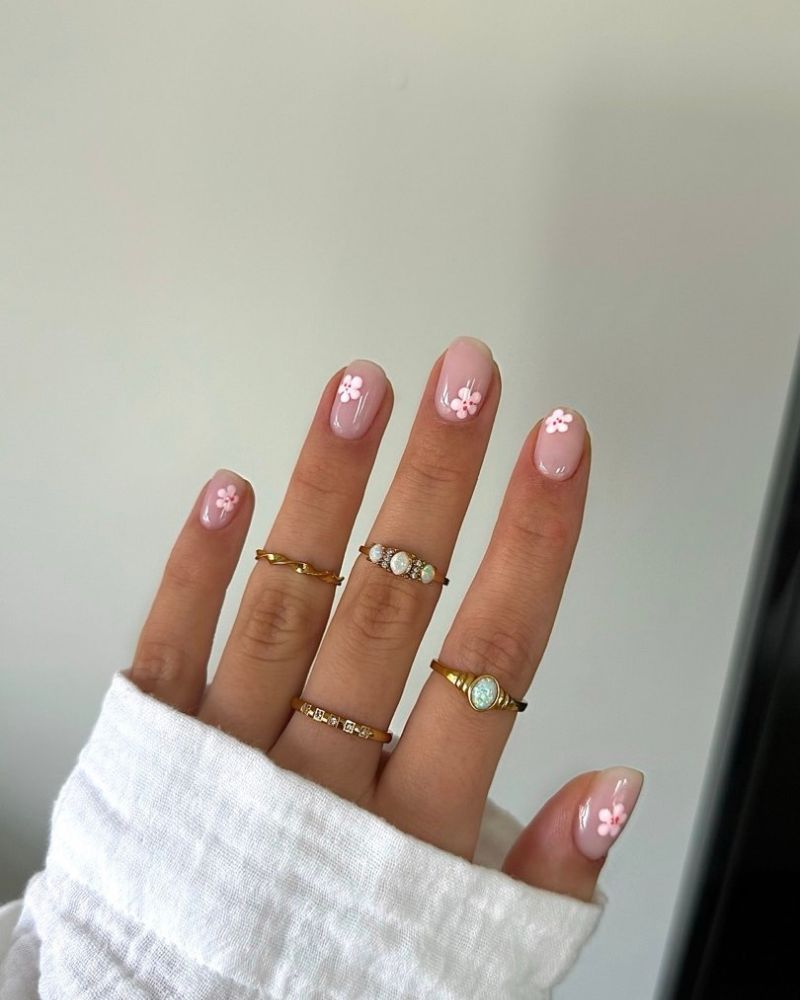 Short Oval Nude With Pink Floral Decals Short Oval Nude With Pink Floral Decals — Classy Basic Nails