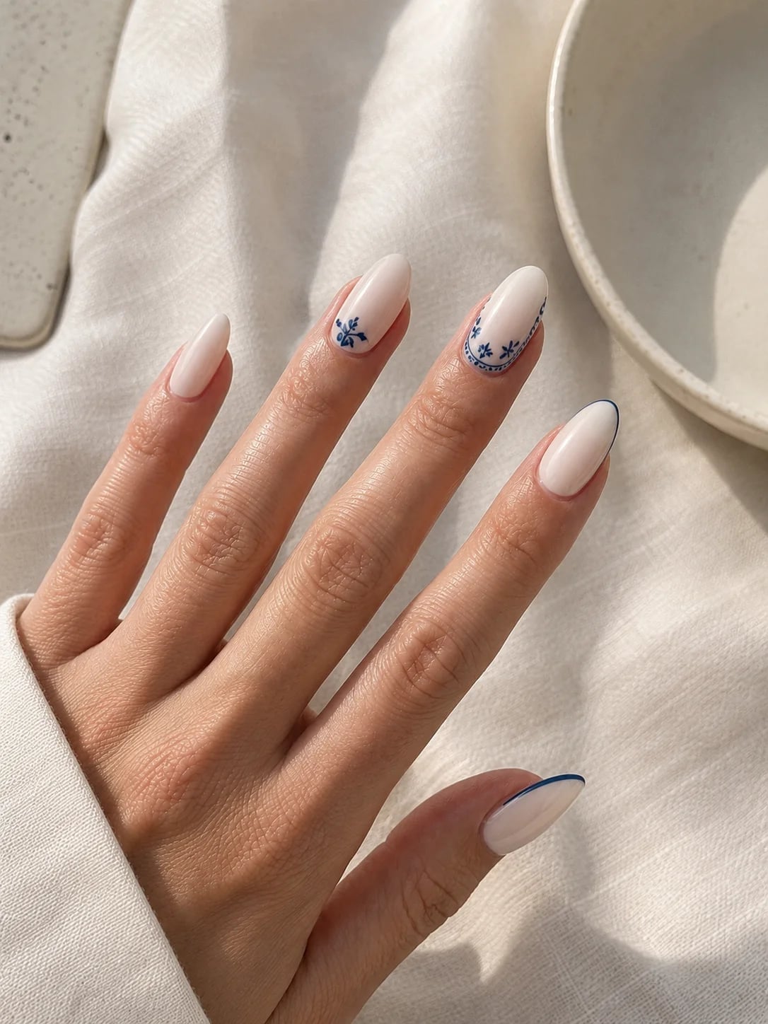 Short Oval Off-White With Blue Floral Art Short Oval Off-White With Blue Floral Art — Classy Basic Nails