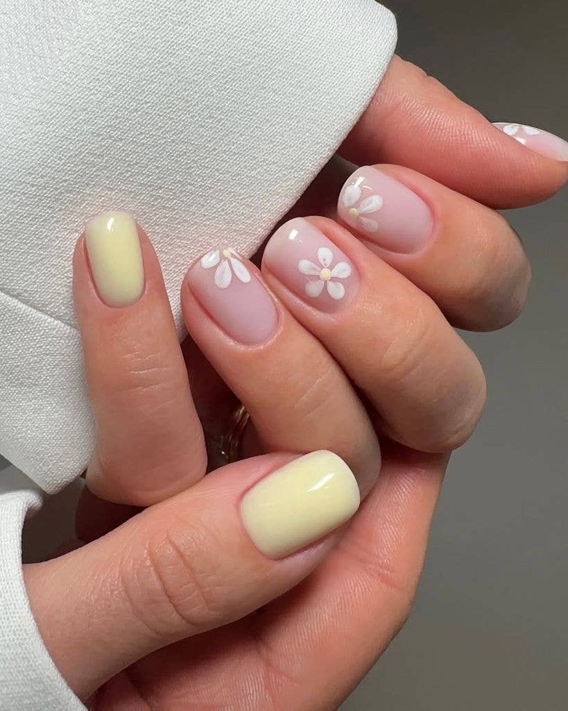 Short Square Pastel Pink Yellow With Flowers Short Square Pastel Pink Yellow With Flowers — Classy Basic Nails