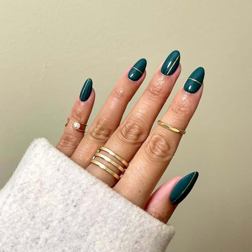 Medium Almond Deep Green With Gold Line Medium Almond Deep Green With Gold Line — Classy Basic Nails