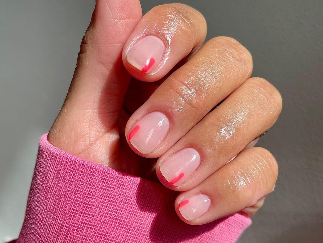 Short Oval Clear Pink With Neon Pink Tip Line Short Oval Clear Pink With Neon Pink Tip Line — Classy Basic Nails
