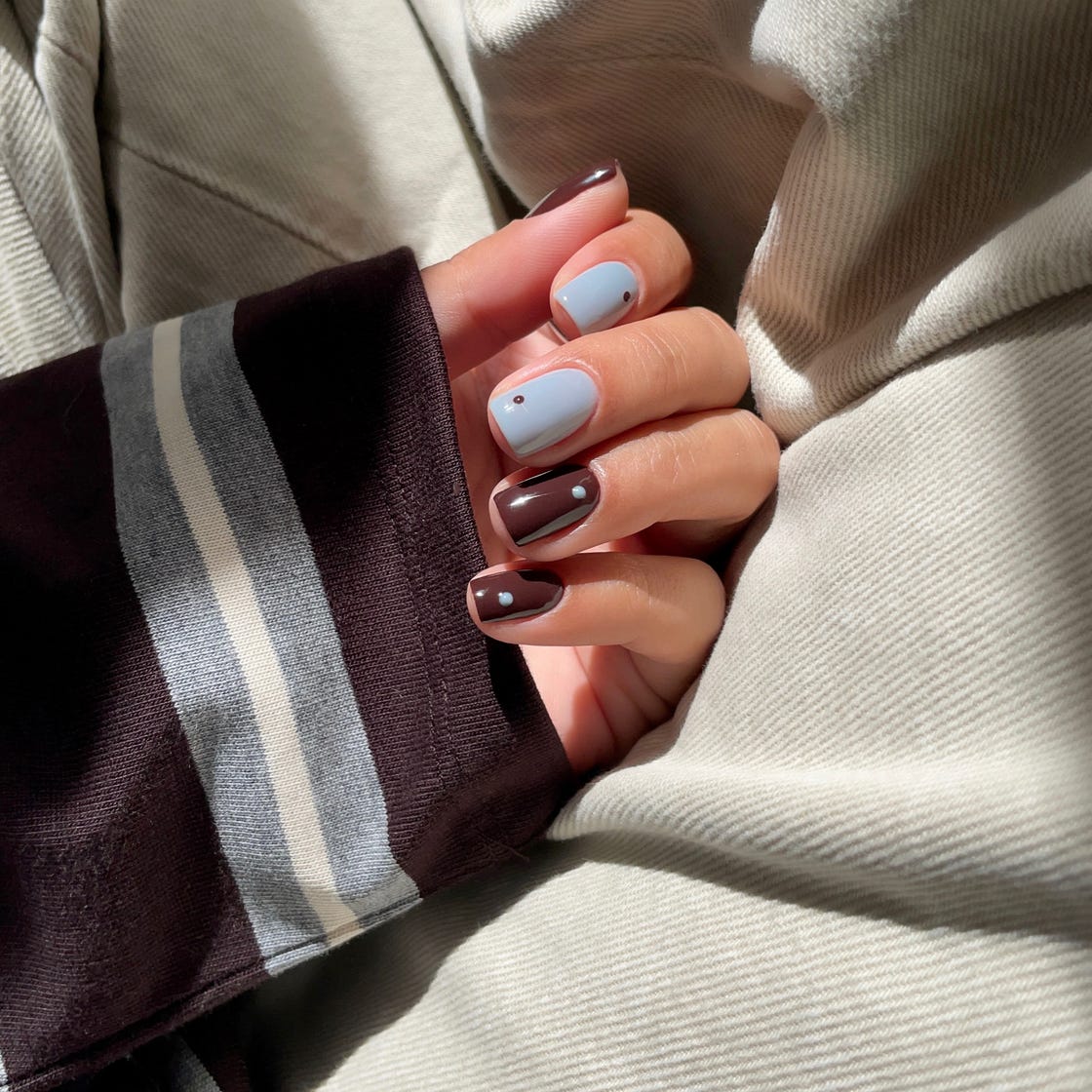 Short Square Light Blue Chocolate Brown With Dots Short Square Light Blue Chocolate Brown With Dots — Classy Basic Nails