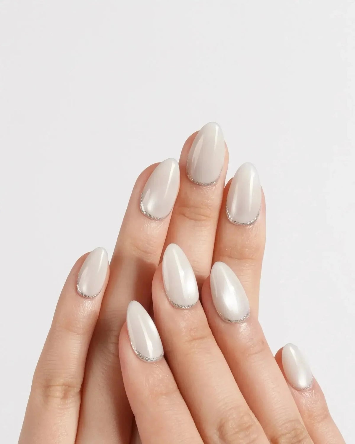 Medium Oval Milky White Glitter French Medium Oval Milky White Glitter French — Classy Basic Nails