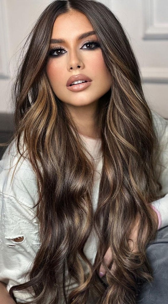 Long Layers With Face-Framing Bangs, Mid-Back Long Layers With Face-Framing Bangs, Mid-Back — Classy Beige Highlights