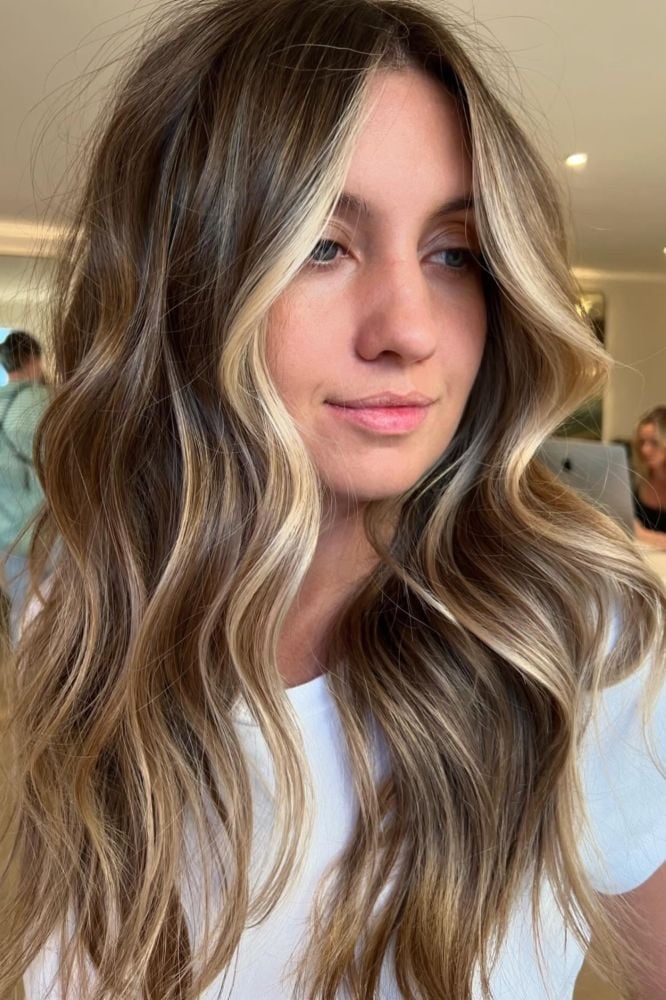 Long Wavy Hair With Face-Framing Bangs, Middle Long Wavy Hair With Face-Framing Bangs, Middle — Classy Beige Highlights