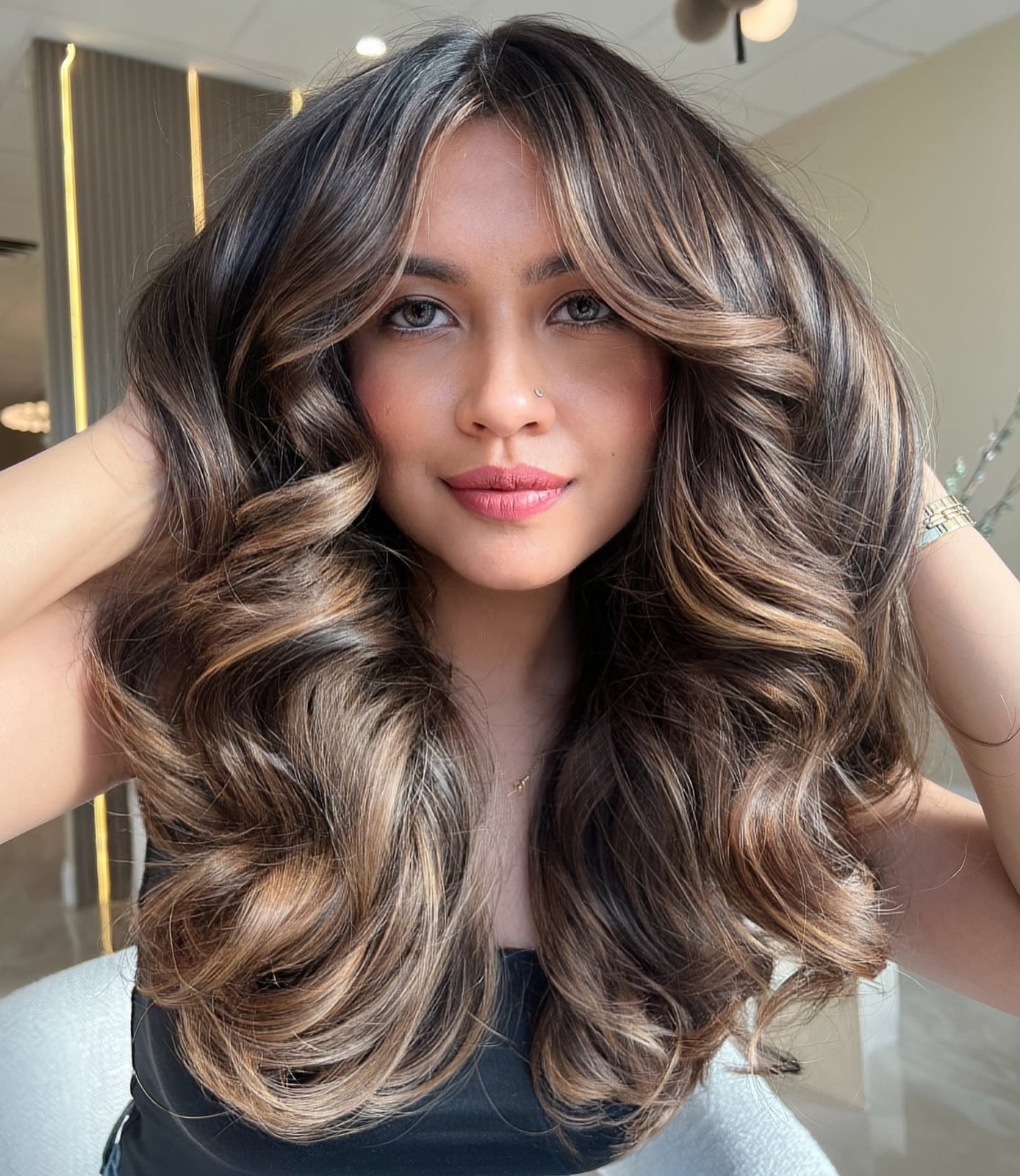Mid-Back With Curtain Bangs Mid-Back With Curtain Bangs — Classy Beige Highlights