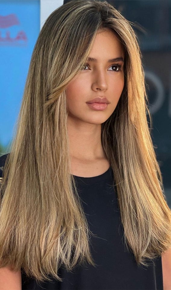 Collarbone Straight Hair With Curtain Bangs Collarbone Straight Hair With Curtain Bangs — Classy Beige Highlights