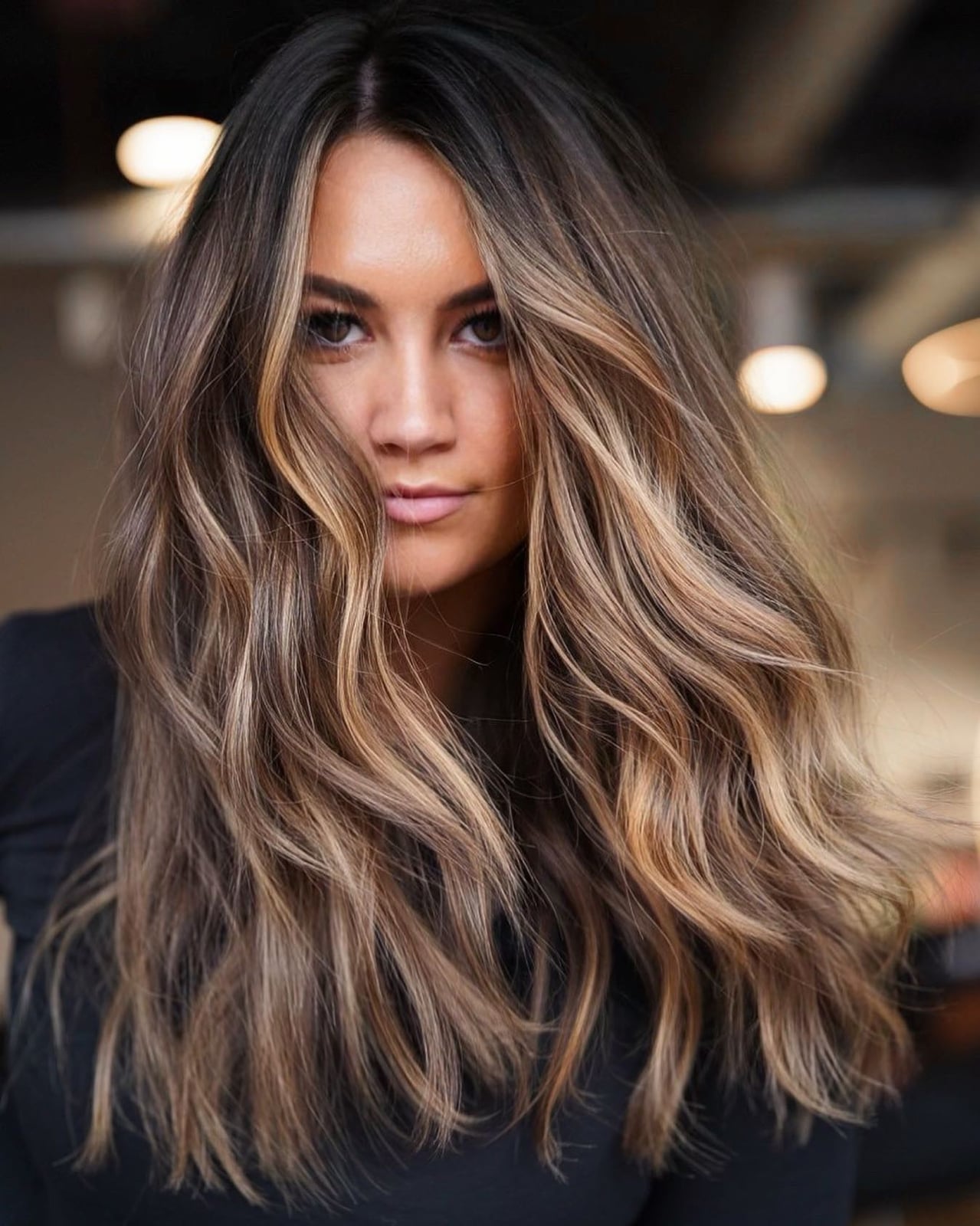 Dark Brown Base With Soft Curtain Bangs Dark Brown Base With Soft Curtain Bangs — Classy Beige Highlights