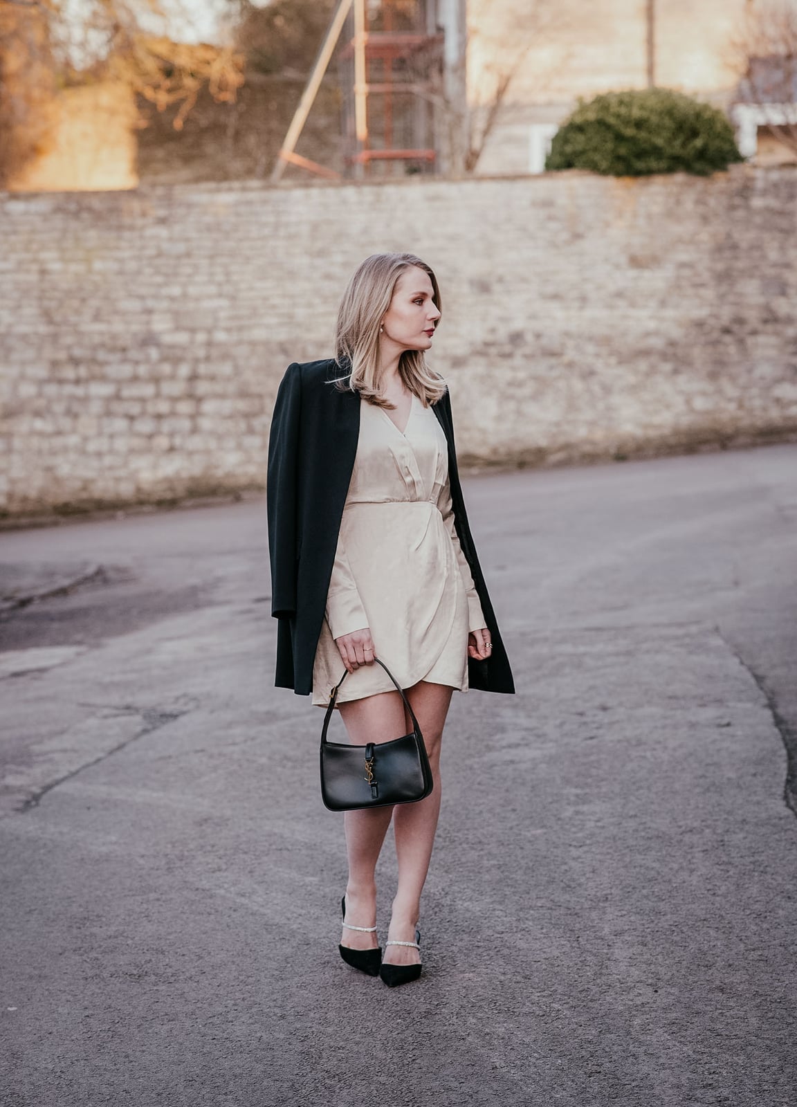 Beige Satin Mini Dress with Black Coat and Heeled Pumps — Classy Beige Outfits
