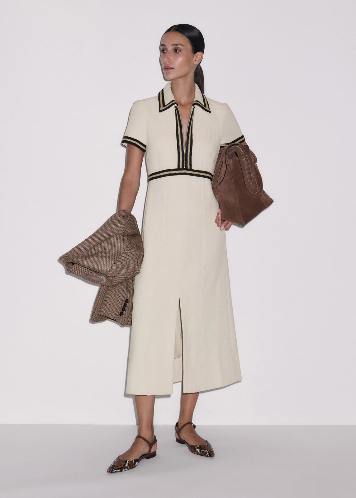 Cream Midi Dress with Tweed Blazer and Animal Print Sandals — Classy Beige Outfits
