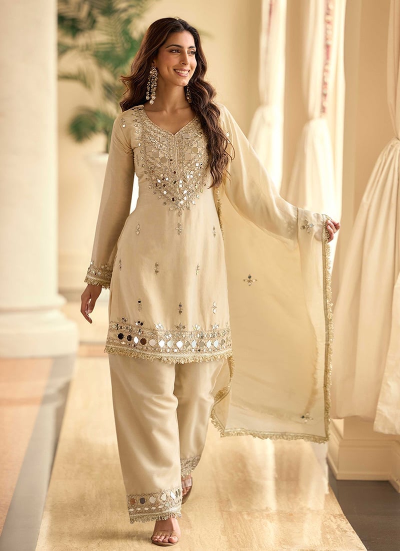 Cream and Beige Tunic Set with Mirror Work, Close-Up Take — Classy Beige Outfits