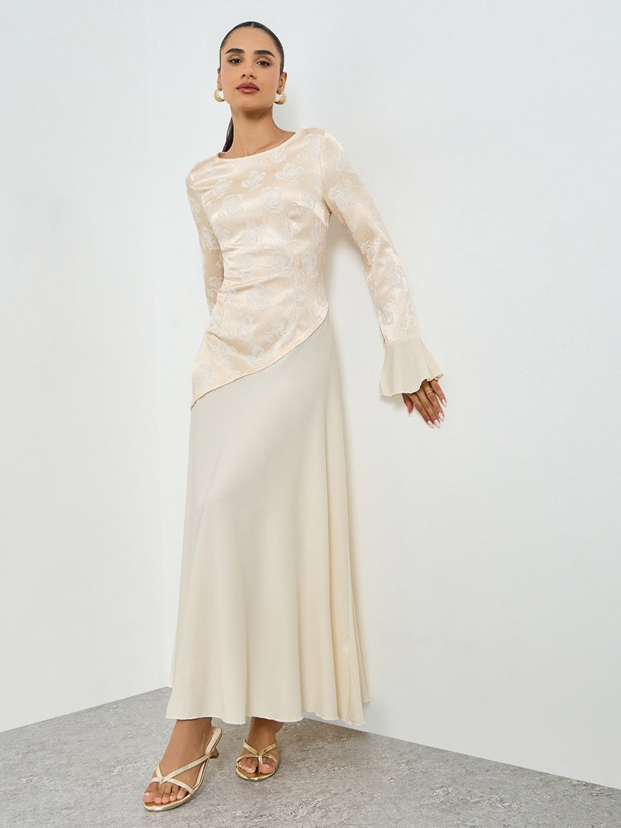 Beige Satin Maxi Dress with Floral Pattern and Gold, Close-Up Take — Classy Beige Outfits