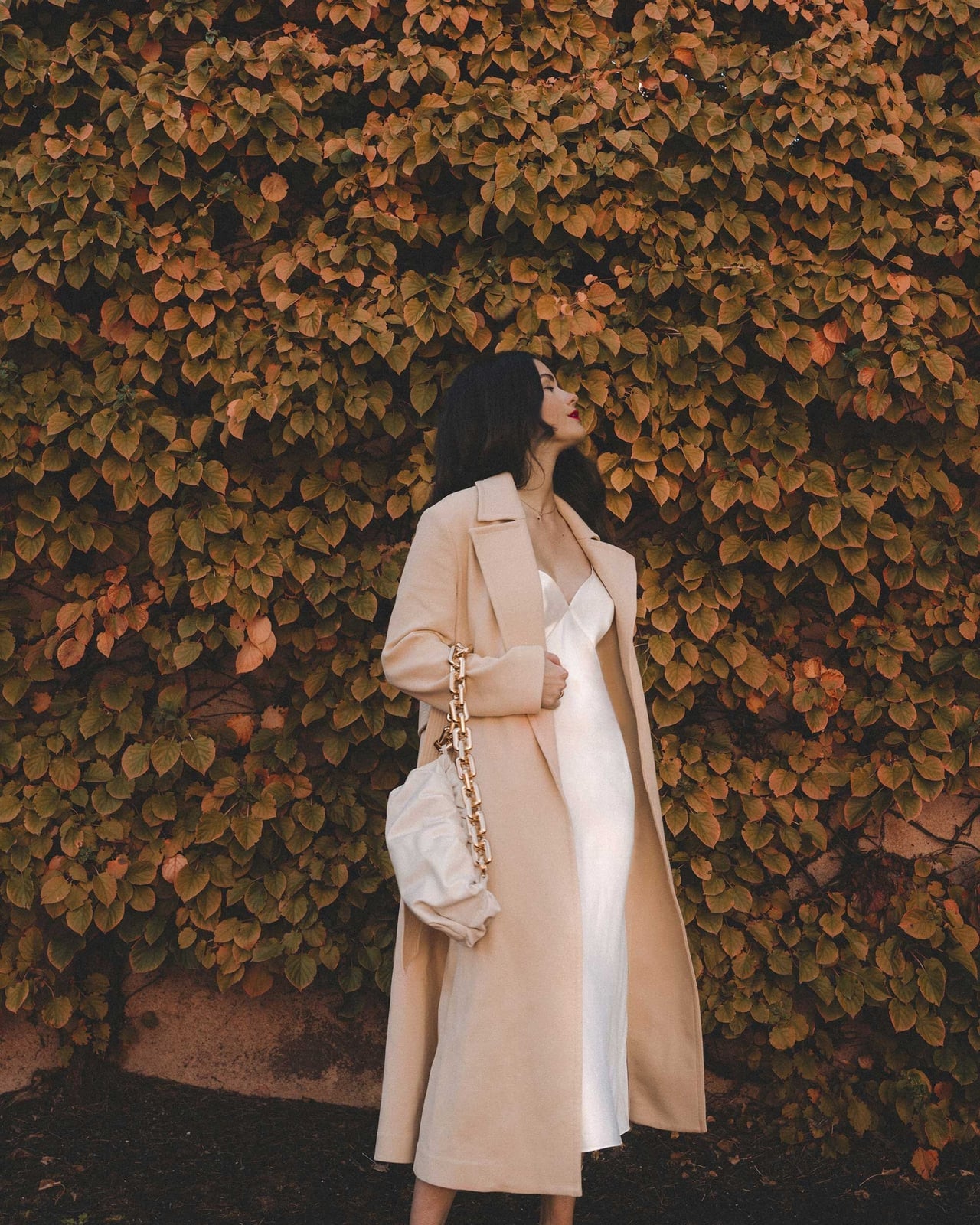 Beige Trench Coat Over White Satin Slip Dress — Classy Beige Outfits