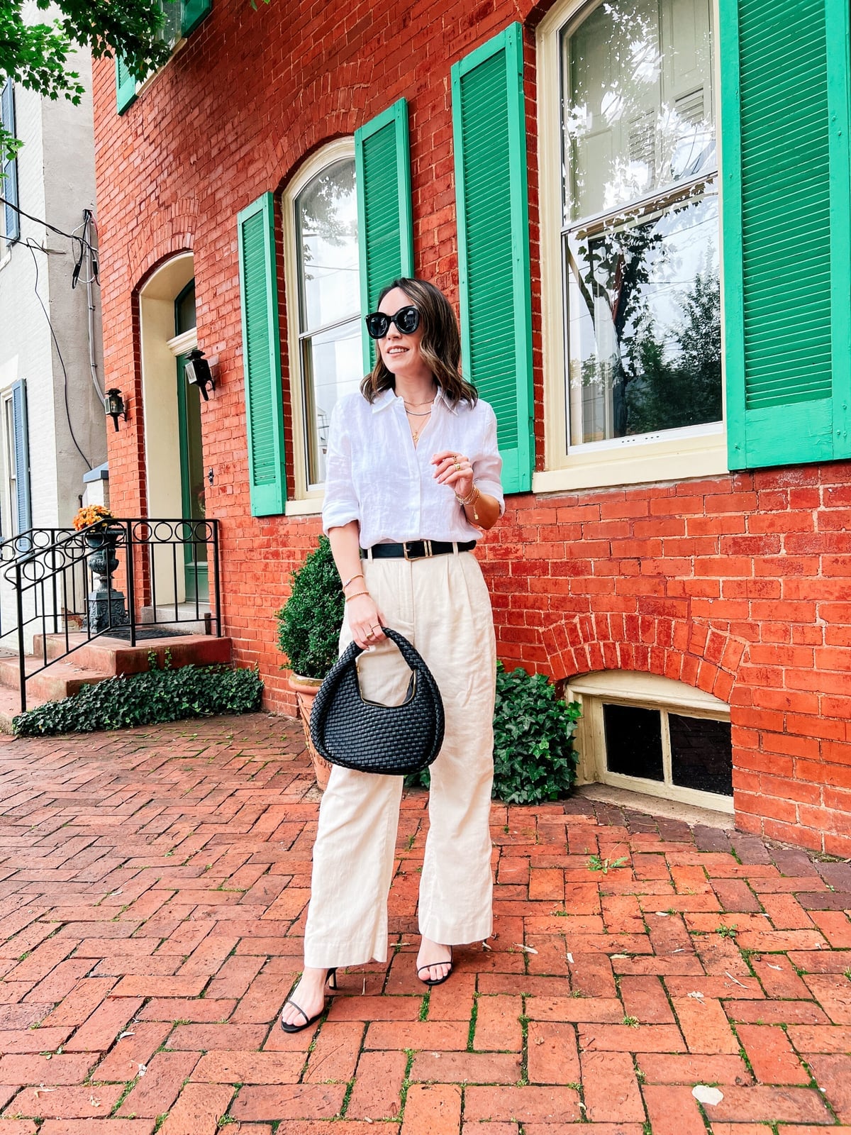 Beige Linen Trousers with White Linen Shirt and Black, Close-Up Take — Classy Beige Outfits