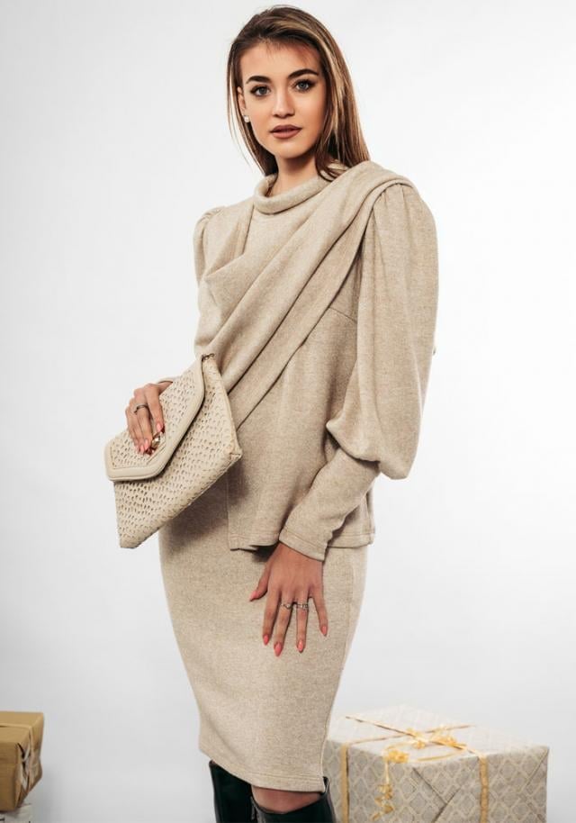 Beige Knit Set with Cowl Neck Top and Pencil Skirt — Classy Beige Outfits
