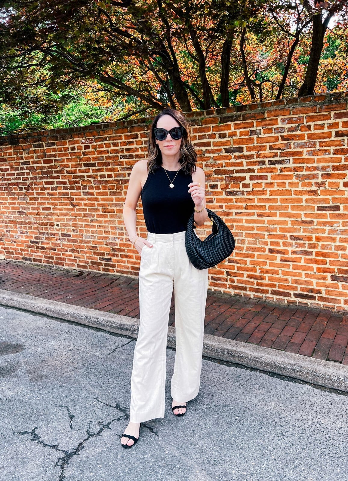 Beige Linen Trousers with Black Sleeveless Bodysuit — Classy Beige Outfits