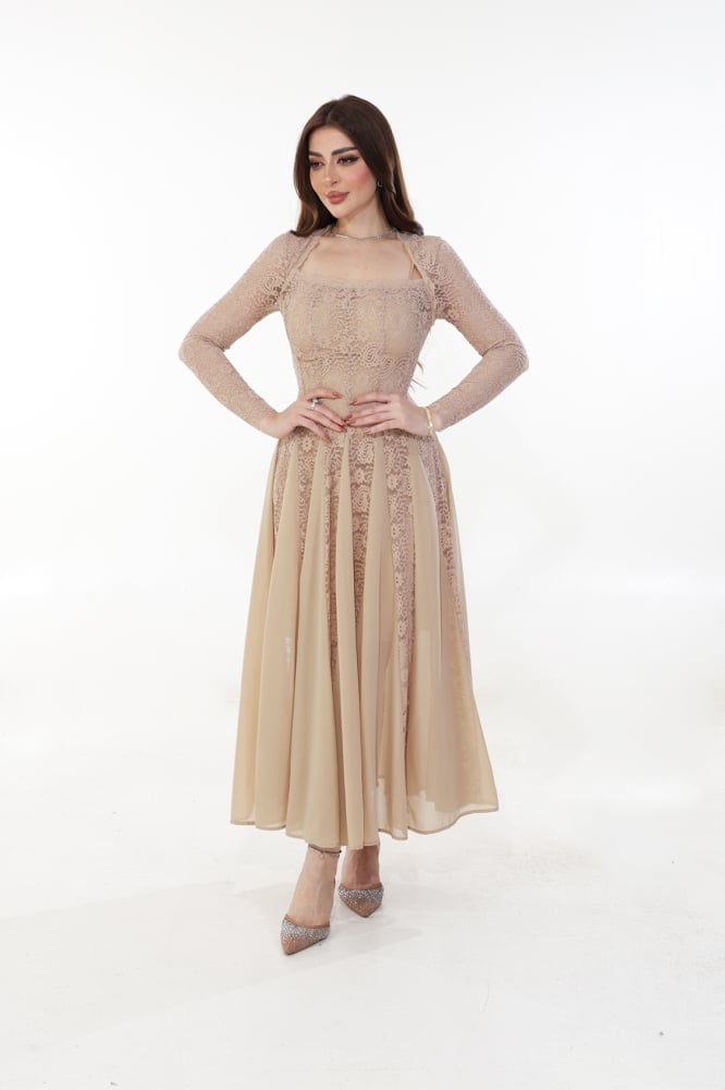 Beige Lace Midi Dress with Chiffon Skirt and Long Sleeves — Classy Beige Outfits