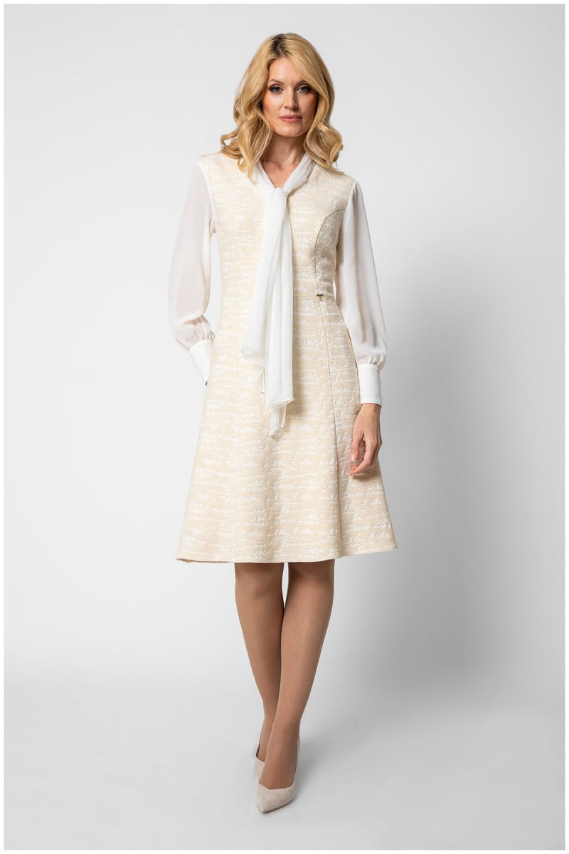 Beige Sheath Dress with Sheer Sleeves and Tie-Neck Detail — Classy Beige Outfits