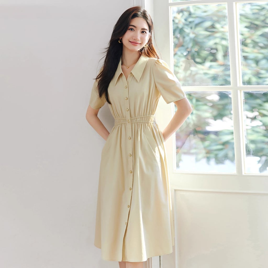 Pale Yellow Collared Midi Dress with Cinched Waist — Classy Beige Outfits