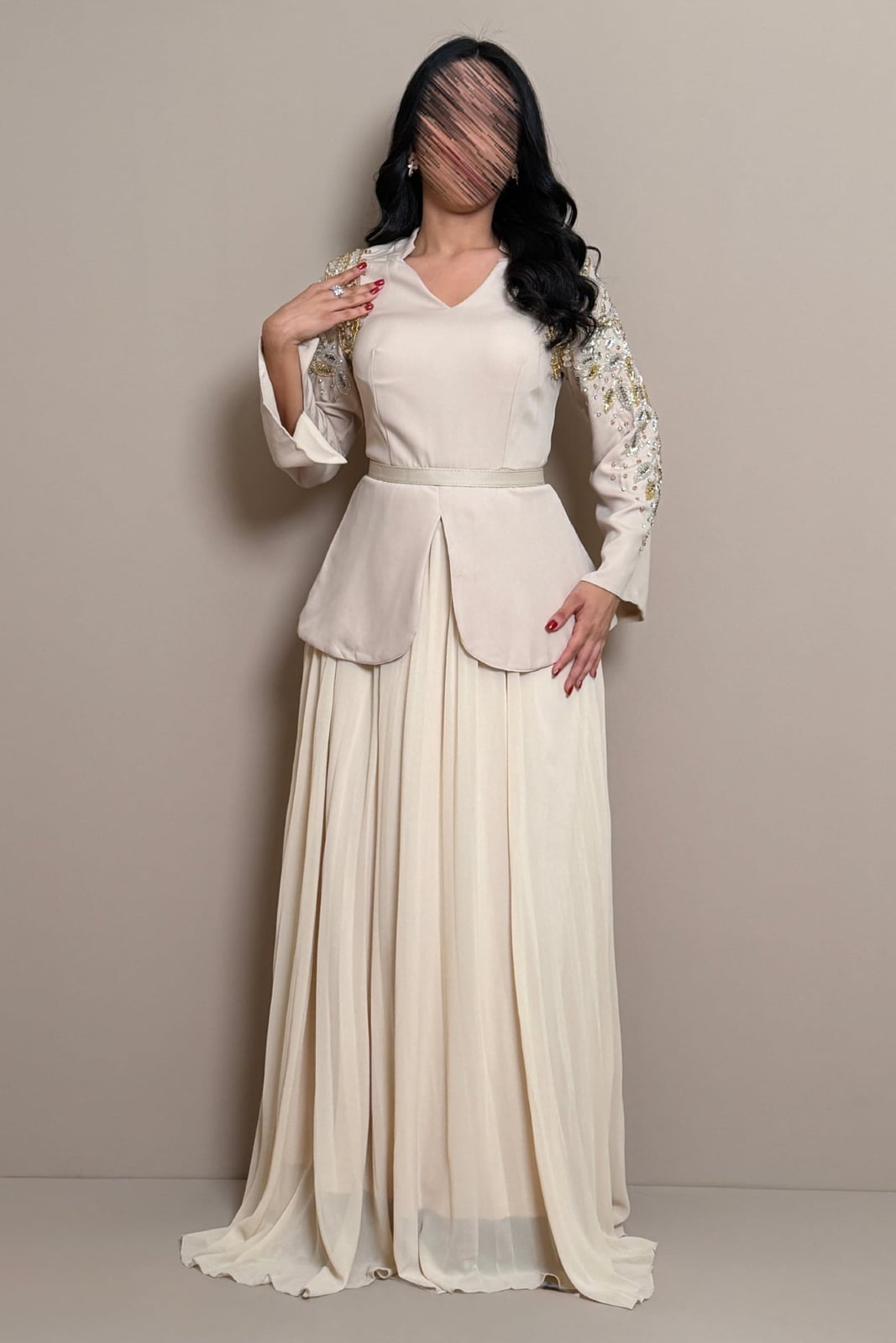 Beige Peplum Top with Embroidered Sleeves and Cream Skirt — Classy Beige Outfits