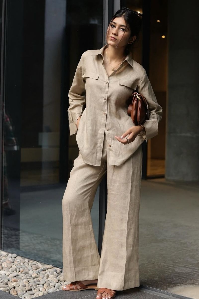 Matching Beige Linen Shirt and Wide-Leg Trousers Set — Classy Beige Outfits