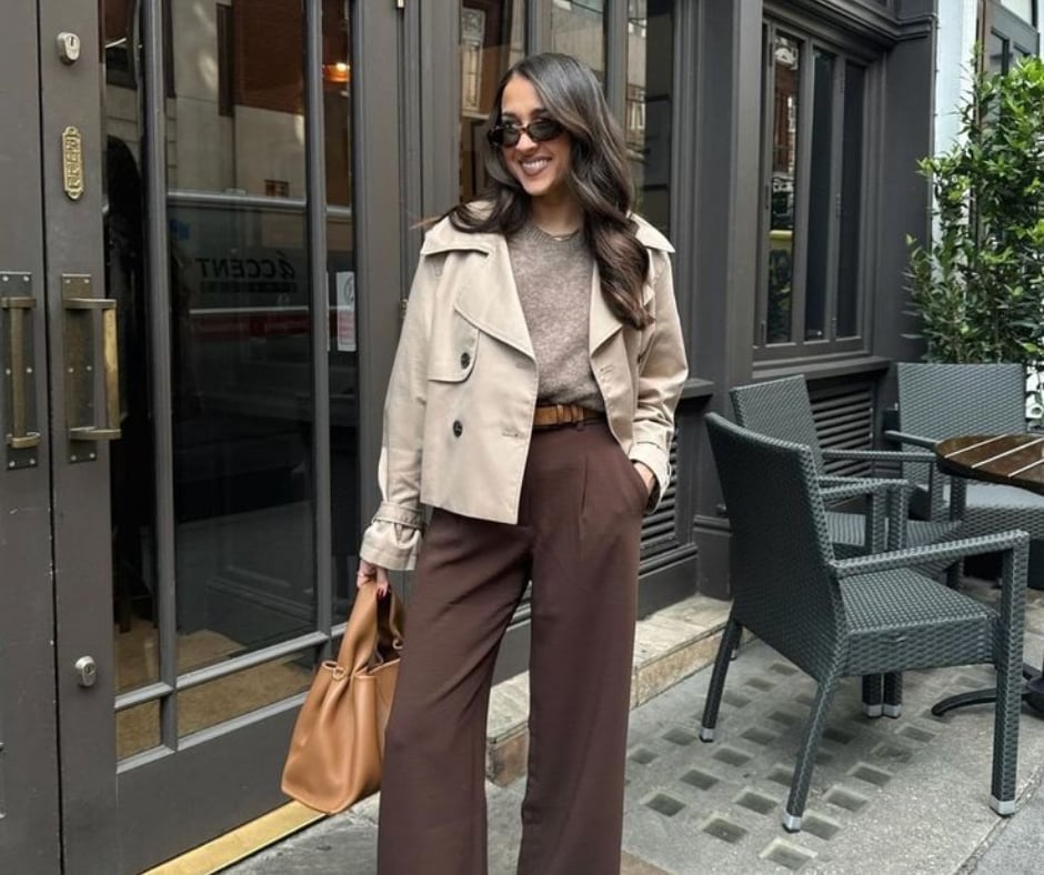 Beige Cropped Jacket Over Brown Knit and Wide-Leg Trousers — Classy Beige Outfits