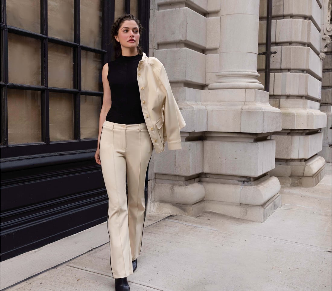 Beige Trousers with Black Stripe and Draped Jacket — Classy Beige Outfits