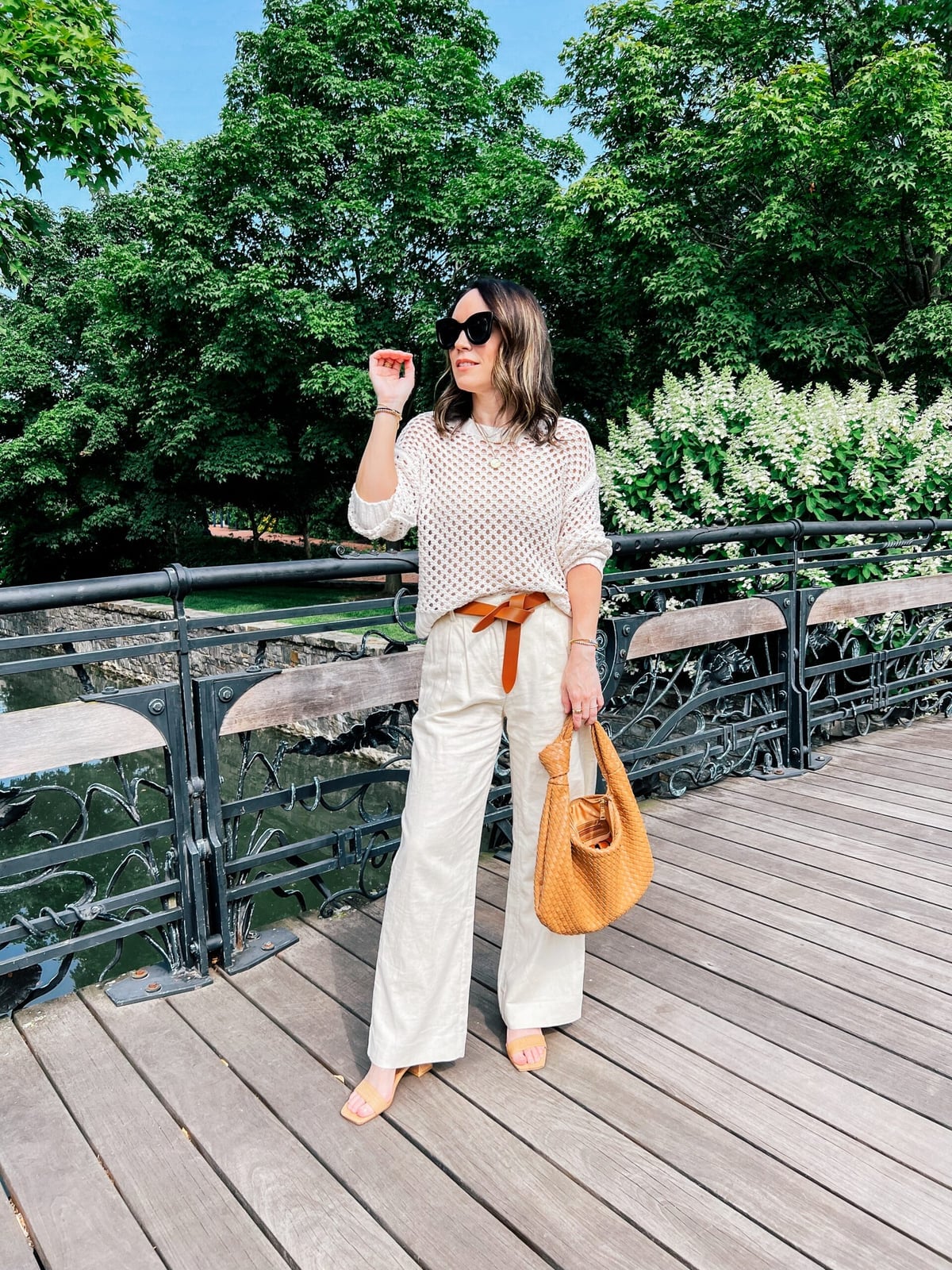 Beige Linen Trousers with Cream Knit Sweater and Tan Sandals — Classy Beige Outfits