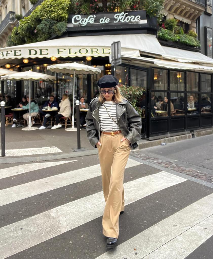 Beige Wide-Leg Trousers with a Striped Tee and Leather Jacket — Classy Beige Pants Outfits