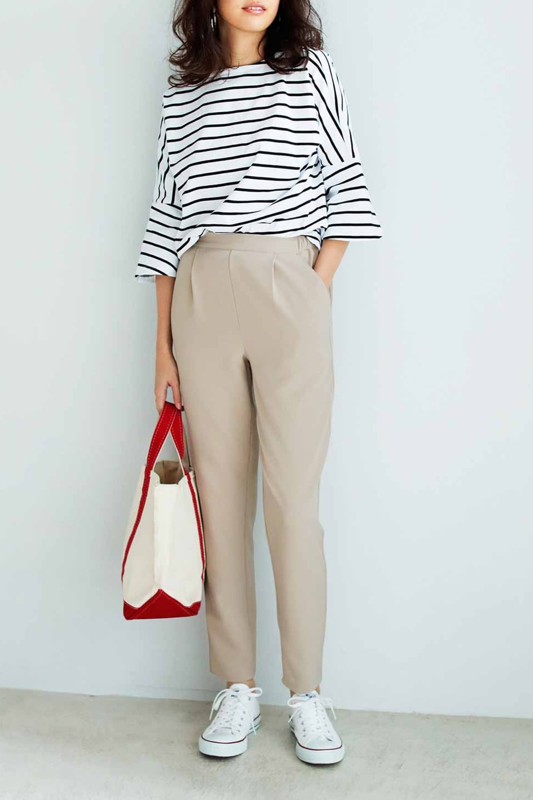 Beige Straight-Leg Trousers with a Striped Top — Classy Beige Pants Outfits