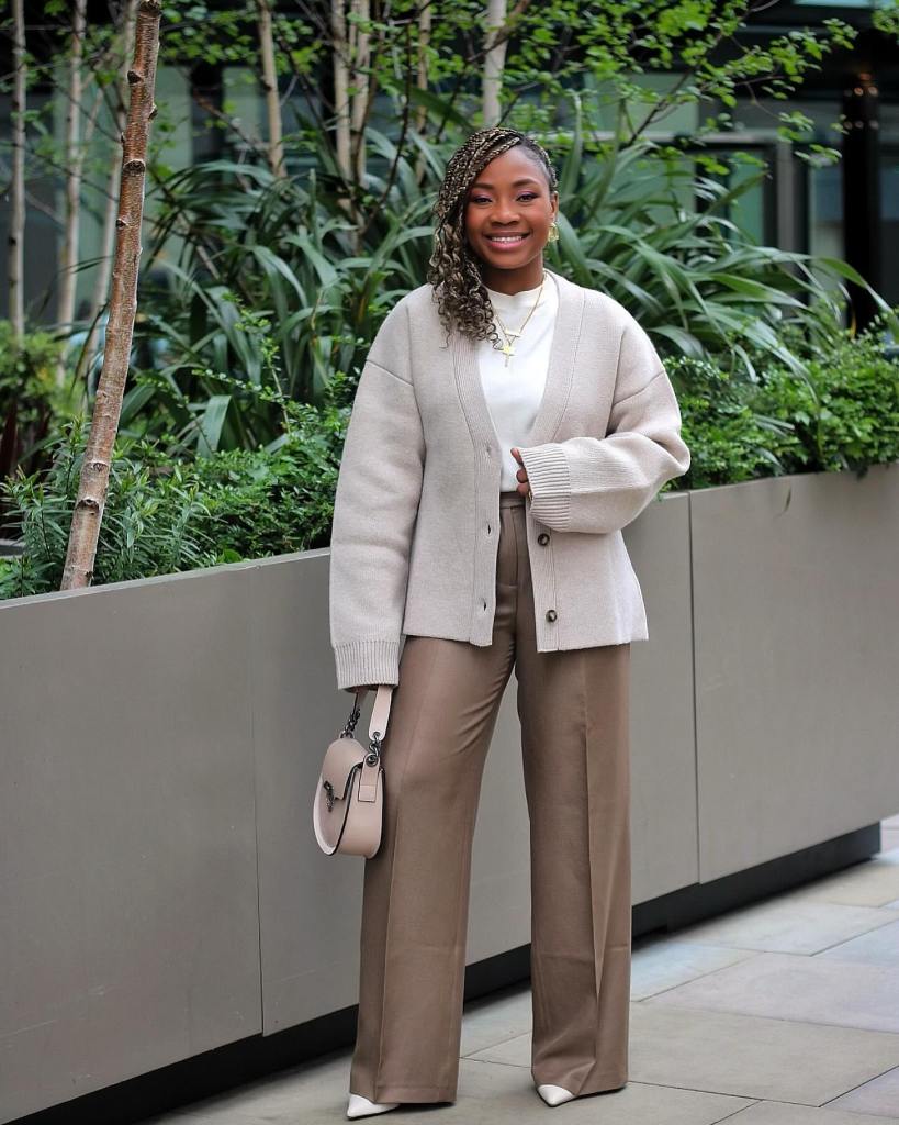 Brown Wide-Leg Trousers with a Beige Cardigan — Classy Beige Pants Outfits