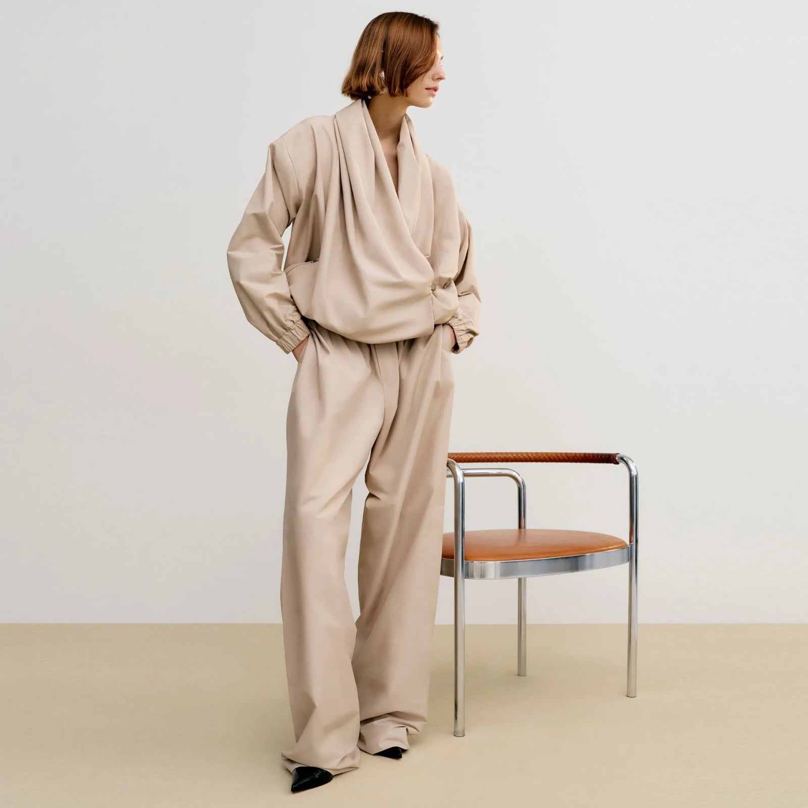 Monochromatic Beige Wide-Leg Pants with Wrap Top — Classy Beige Pants Outfits