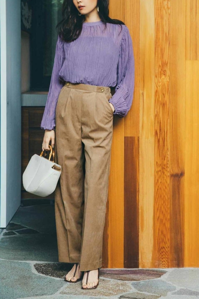 Brown Corduroy Wide-Leg Trousers with a Purple Blouse — Classy Beige Pants Outfits
