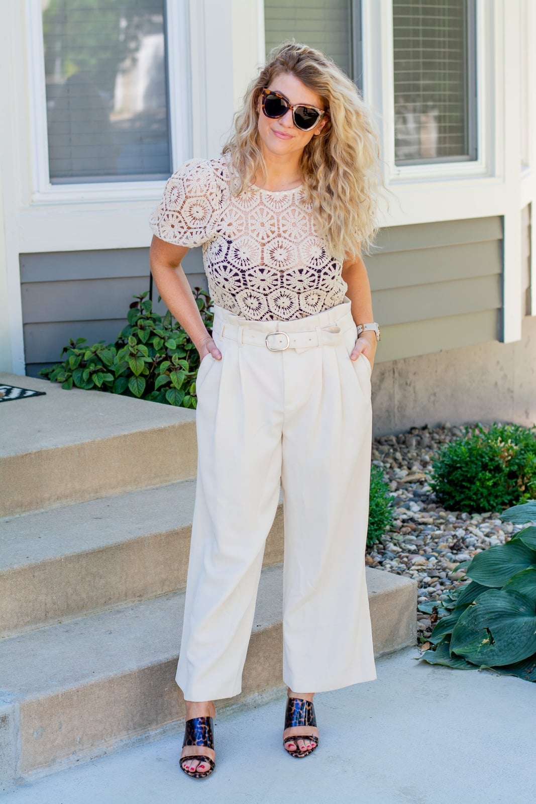 Cream High-Waisted Wide-Leg Trousers with Crochet Top — Classy Beige Pants Outfits